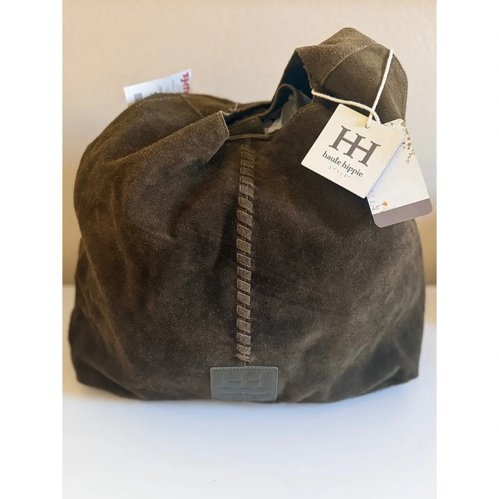 Haute Hippie Style Brown Suede Hobo Bag Whipstitch Boho Shoulder Bag NEW